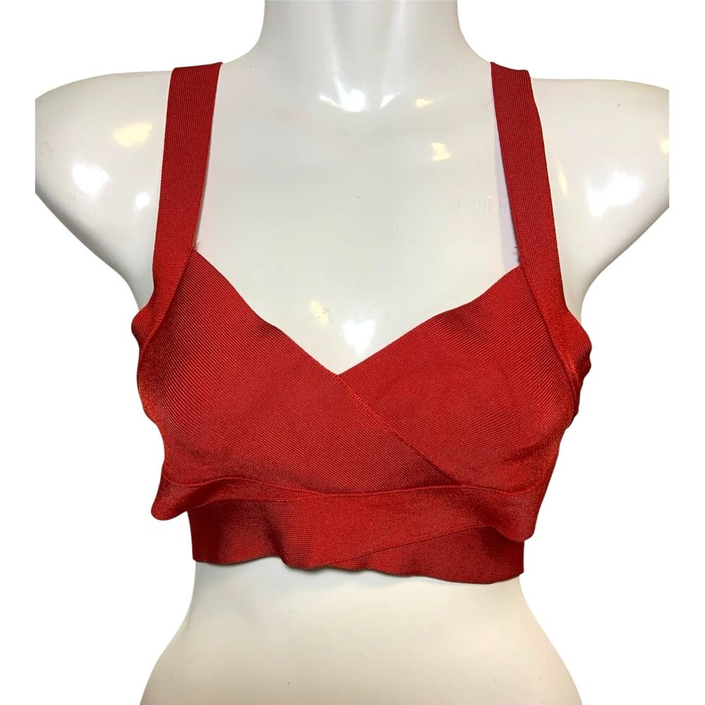 Women's BCBGMAXAZRIA Deep V-Neck Cut Out Bandage Bralette Crop Top Red Size XS